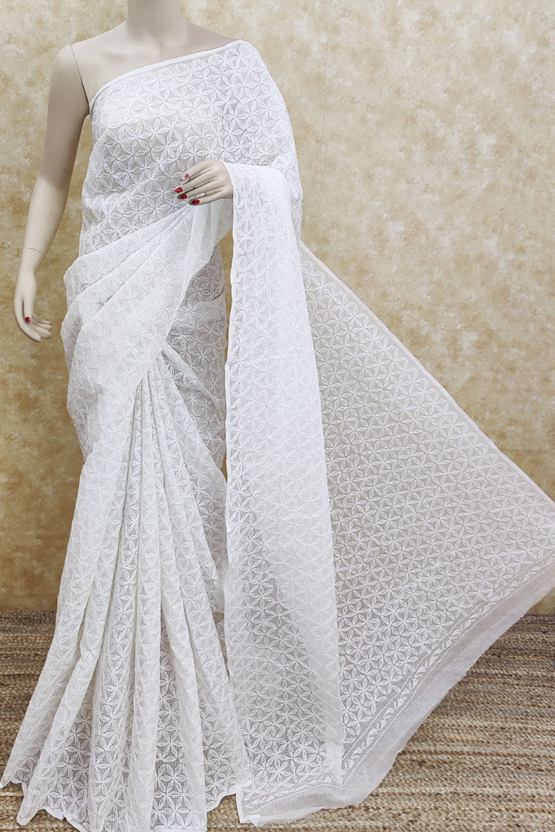 White Color Kota Cotton Tepchi Work Hand Embroidered Lucknowi Chikankari Saree (Without Blouse) MC251845